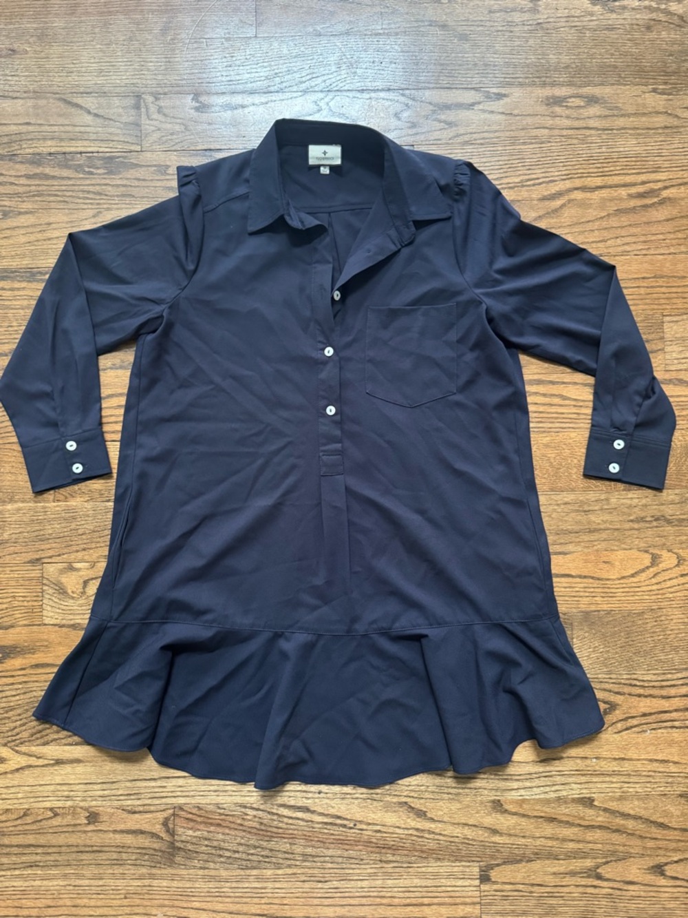 Tuckernuck Navy Shirt Dress Ruffle Hem Button Front Size M